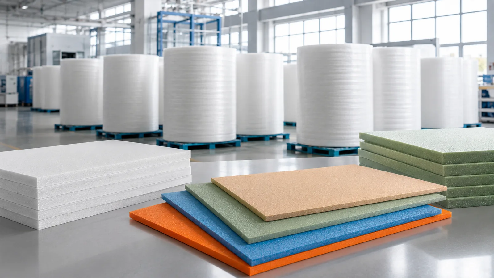 PET foam sheets and production rolls in factory