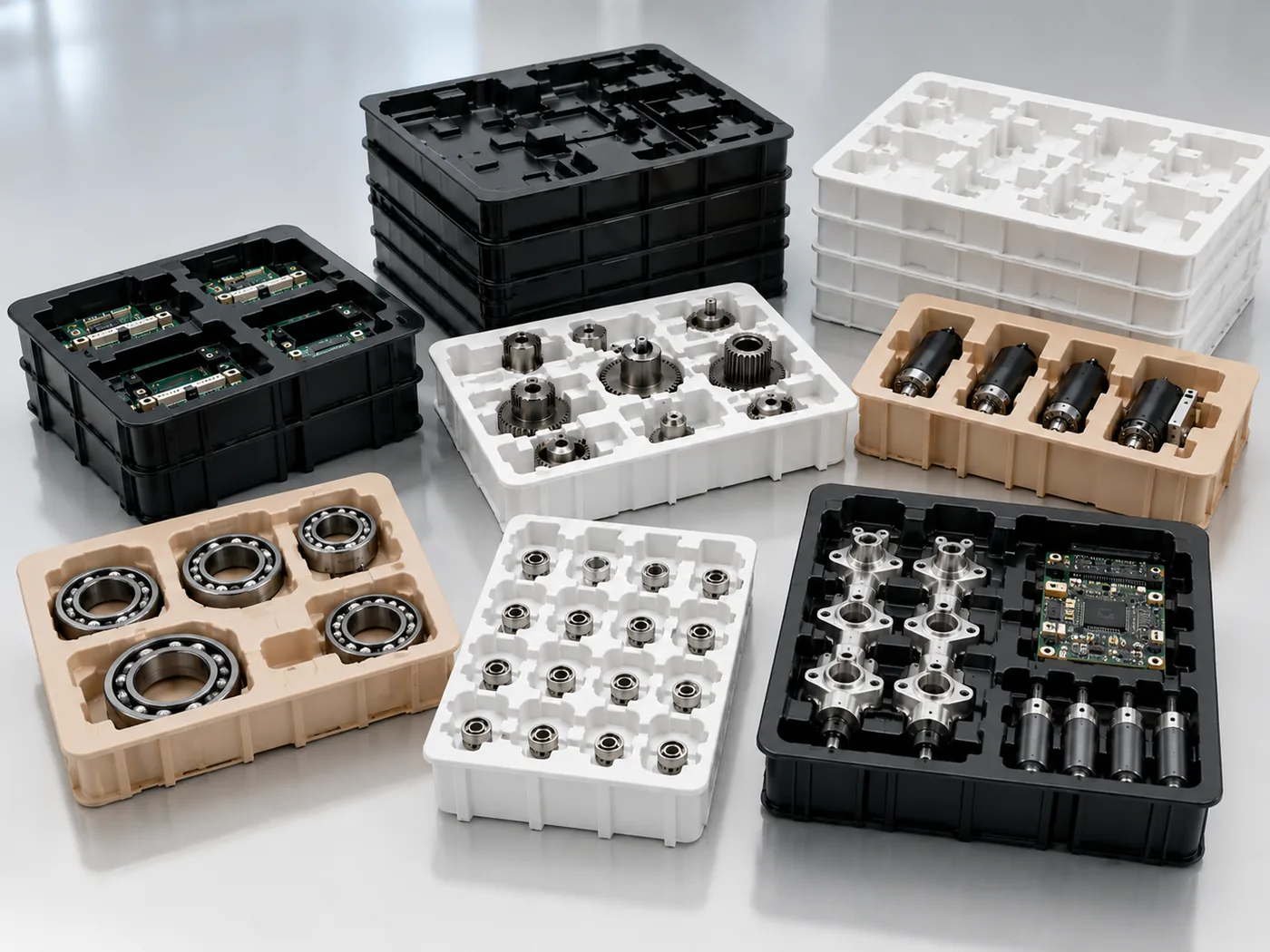 Injection molded trays for electronics and industrial components